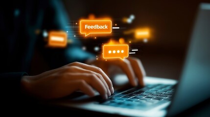 Poster - Hands Typing on Laptop with Floating Feedback Icons in Dark Background Representing Digital Communication Concept