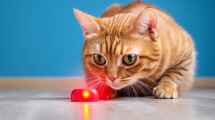 Wall Mural - Curious ginger cat playing with red laser dot on floor indoors