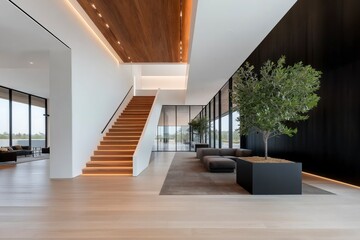 Poster - Modern Interior Design Featuring Open Space, Elegant Staircase, Minimalist Furniture, and Indoor Plants