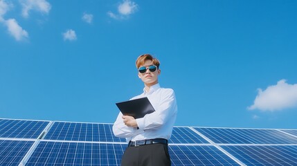 Poster - Professional Man Standing Confidently in Front of Solar Panels Under a Clear Blue Sky