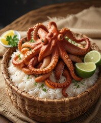 Wall Mural - Octopus and rice dish served on a woven basket, dinner, soft lighting, marine life