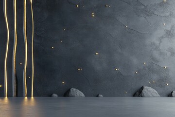 Poster - The setting features a dark matte black concrete wall with illuminated accents, creating an intimate ambiance. Soft lighting highlights the textures, enhancing the artistic feel of the space