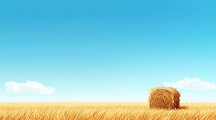 Poster - Golden Hay Bale in Expansive Blue Sky Landscape