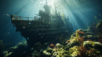 Wall Mural - sunken ship landscape on the seabed, underwater view shipwreck artificial reef abstract fictional graphics