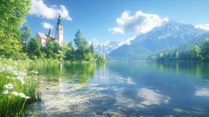 Wall Mural - Scenic view of Lake Bled with church, island, Alps.