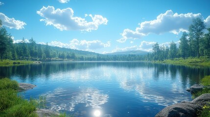 Wall Mural - Serene lake reflects clouds and forest.