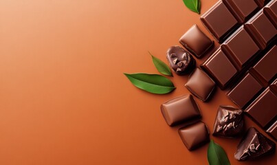 Wall Mural - Chocolate bar with green leaves on top of it. The chocolate is broken into pieces and scattered on the table