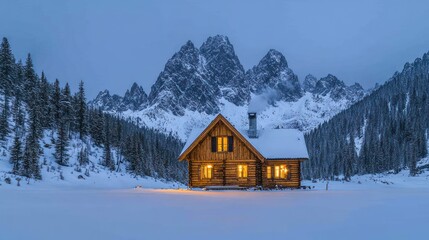 Poster - Illuminated mountain cabin, snowy valley, winter dusk