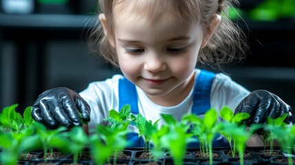 Wall Mural - Young girl is planting seedlings in a garden. She is wearing gloves and a blue apron