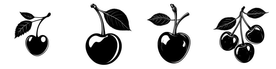 Poster - Collection of cherry illustrations showcasing various stages and arrangements of cherries with leaves in a minimalist style