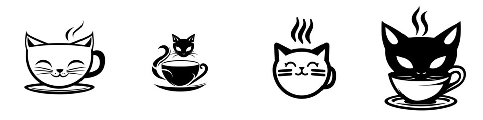 Wall Mural - Cute cat and coffee cup illustrations showcasing whimsical feline characters enjoying warm beverages