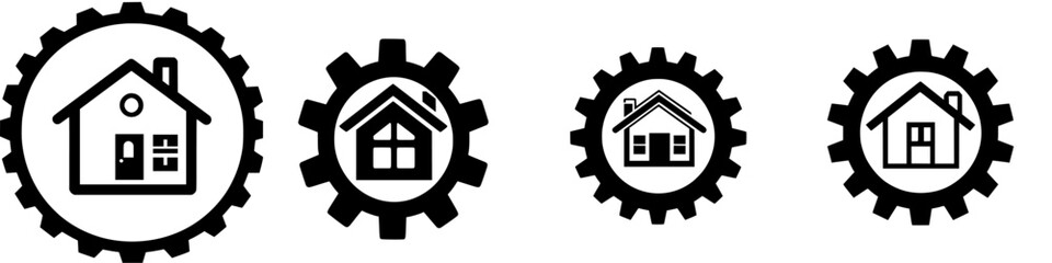 Poster - Designs showcasing various house icons integrated with gear symbols for an architectural or engineering theme