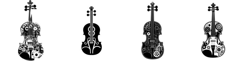 Poster - Unique artistic representations of violins showcasing different styles and designs in monochrome colors