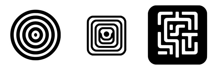 Poster - Geometric patterns featuring concentric circles and square designs in black and white
