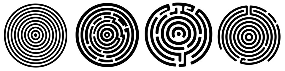 Poster - complex patterns of concentric circles and mazes illustrating diverse designs of labyrinths