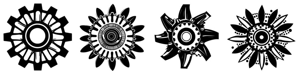 Poster - Intricate black and white designs featuring abstract gears and floral elements in a creative arrangement