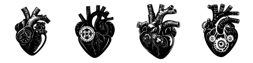 Poster - Artistic representation of mechanical hearts displaying intricate designs in black and white