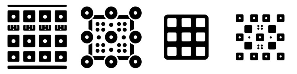 Poster - Patterns of geometric shapes arranged in various configurations highlighting symmetry and structure
