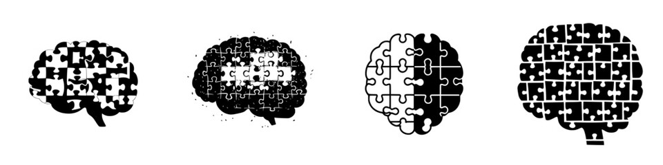 Poster - Puzzle pieces form a brain illustration showing stages of thought development and understanding