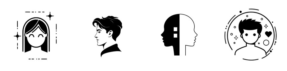 Poster - Icons representing diverse facial expressions and profiles in a minimalistic style, suitable for graphic design, branding, or communication