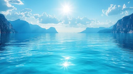 Wall Mural - Sun shines on blue water, mountains and clouds.