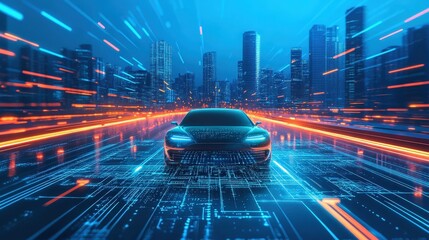 Poster - Futuristic Electric Car Driving Through High-Tech City Lights