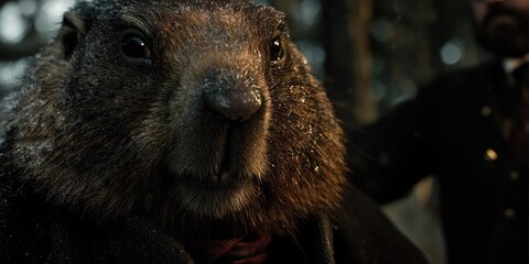 Wall Mural - A man stands next to a groundhog in a peaceful forest setting