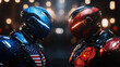 © Antto-AI - Blue and red futuristic robots face off in dramatic standoff, symbolizing rivalry