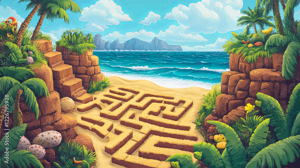 Labyrinth maze. Cartoon vitamin and mineral characters on beach ...