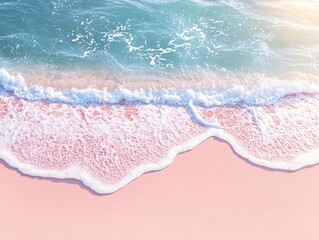 Poster - Pink sand beach with turquoise sea water and white foam waves aerial view summer vacation