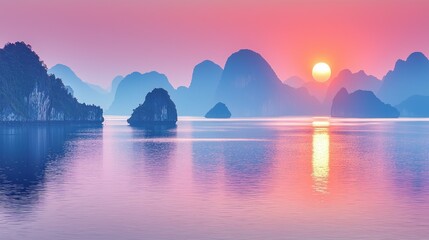 Wall Mural - Sunrise over misty water and rocky islands.