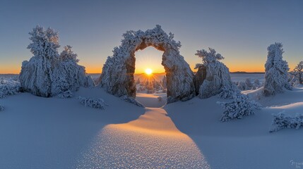 Wall Mural - Sunrise through snow-covered arch on winter landscape.
