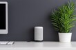 © artchvit - Voice assistants enable seamless automation and smart integration. Modern workspace with a speaker and decorative plant on a desk.