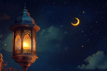 Ramadan lantern glows, night sky, crescent moon, celebration