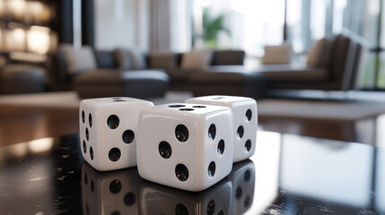 Poster - Dice isolated 3d objects of vector gambling games design, casino, craps and poker, tabletop or board games. Realistic white cubes with random numbers of black dots or pips and rounded edges