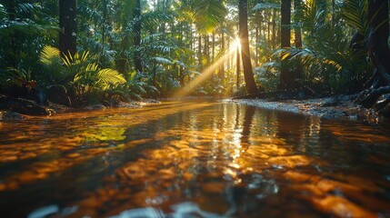 Sticker - Tranquil jungle stream with golden sunset light.