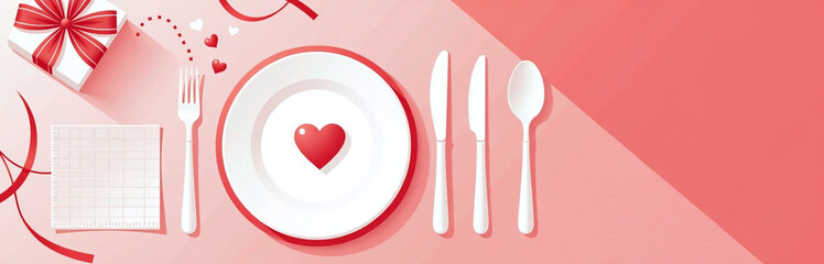 Poster - White And Red Table Setting Features A Top View Of Plate, Cutlery, Napkin, Gift Box With Bow And Valentine Heart For Love. 00001