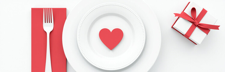 Poster - White And Red Table Setting Features A Top View Of Plate, Cutlery, Napkin, Gift Box With Bow And Valentine Heart For Love. 00002