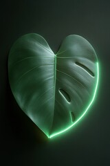 Poster - A large monstera leaf stands out with a luminous soft green glow, set against a dark background that enhances its unique shape and vibrant color, creating a tranquil atmosphere