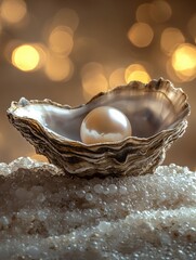 Poster - Elegant Pearl in Oyster Shell Resting on Crystal Surface with Bokeh Lights Backdrop