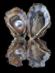 Poster - Oyster Shells with Pearl and Reflection on Black Background in Studio Shot Still Life
