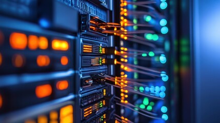 Aufkleber - Close-Up View of Modern Server Rack with Network Cables and Lights