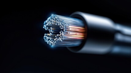 Fototapete - Close-Up of Fiber Optic Cable with Glowing Light on Dark Background