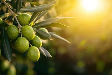green olives hanging from a branch in a warm sunlight with a soft bokeh background