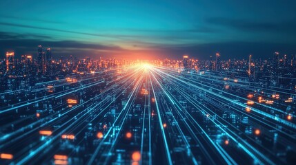 Aufkleber - Futuristic Cityscape with Neon Lights and Radiant Sky at Dusk