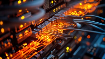 Fototapete - Vibrant Network Server Room with Illuminated Fiber Optic Cables