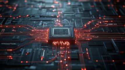 Fototapete - High-Tech Circuit Board with Red Light and Microprocessor Details