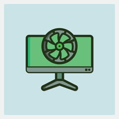 Fototapete - A stylized monitor icon with a prominent fan displayed on its green screen, against a light blue background