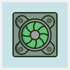 Poster - Stylized vector illustration of a gray and green computer cooling fan icon with four screws