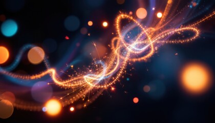 Poster - Abstract glowing light trails on dark background with bokeh effects